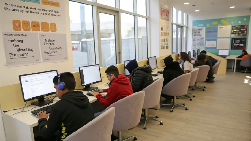 Young people learning computer skills and digital customer service in modern training facility
