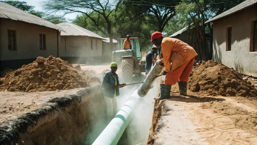 Construction crew installing new water pipeline infrastructure in rural Msinga community