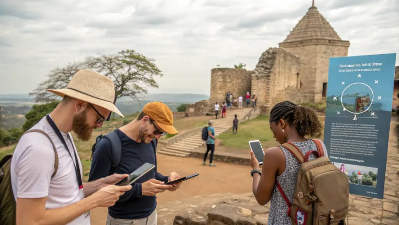 Tourists exploring Msinga cultural heritage sites with digital entertainment concept overlay