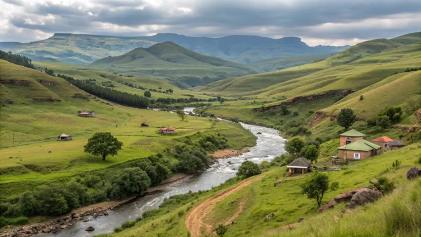 Scenic view of Tugela River valley with traditional homesteads and rolling hills in Msinga municipality
