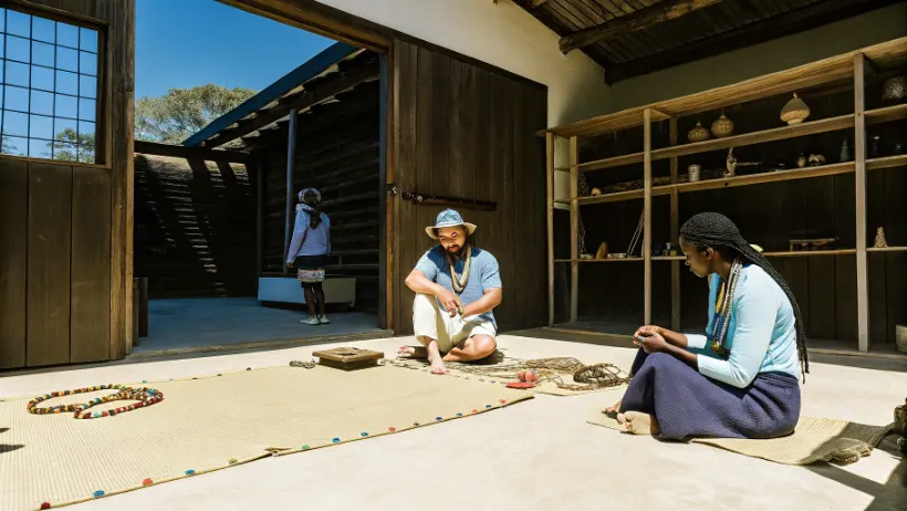Zulu artisan demonstrating traditional beadwork techniques to tourists at cultural heritage center